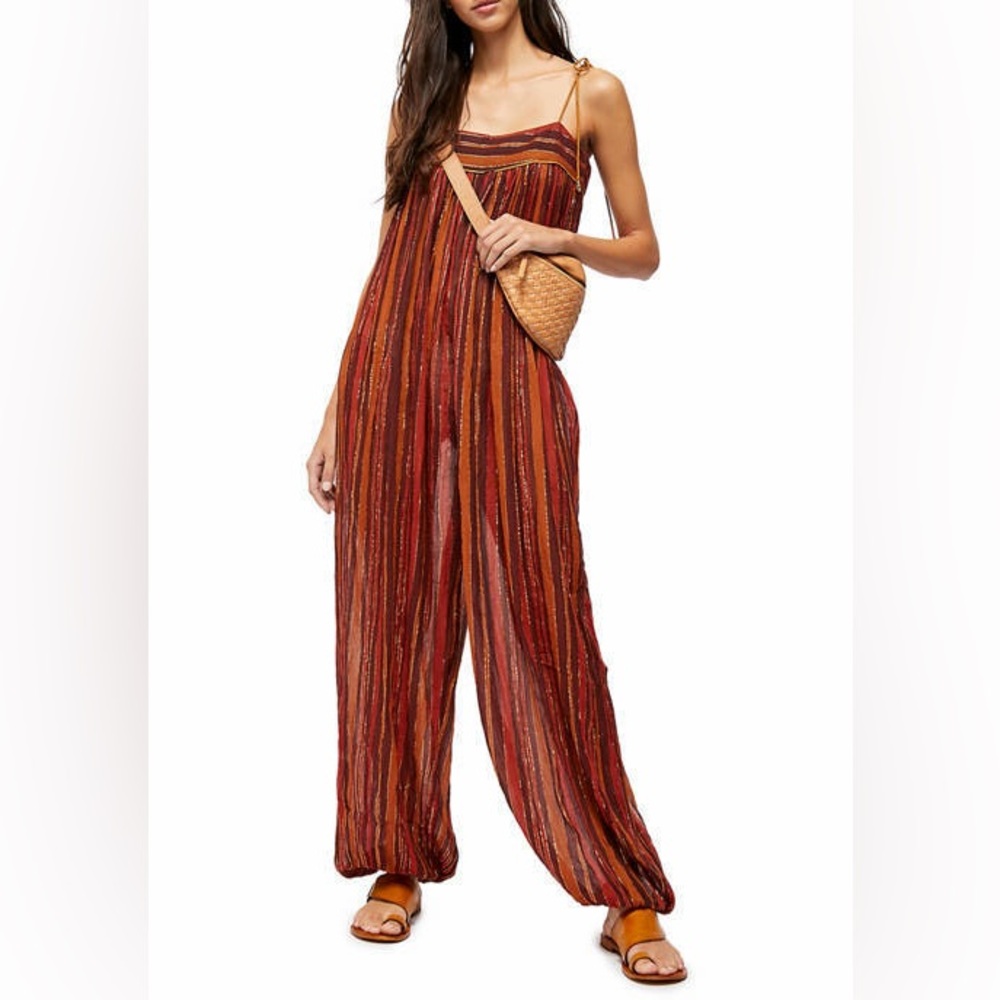 FREE PEOPLE Harem Lurex Jumpsuit Coverup in Copper Rust Brown Metallic